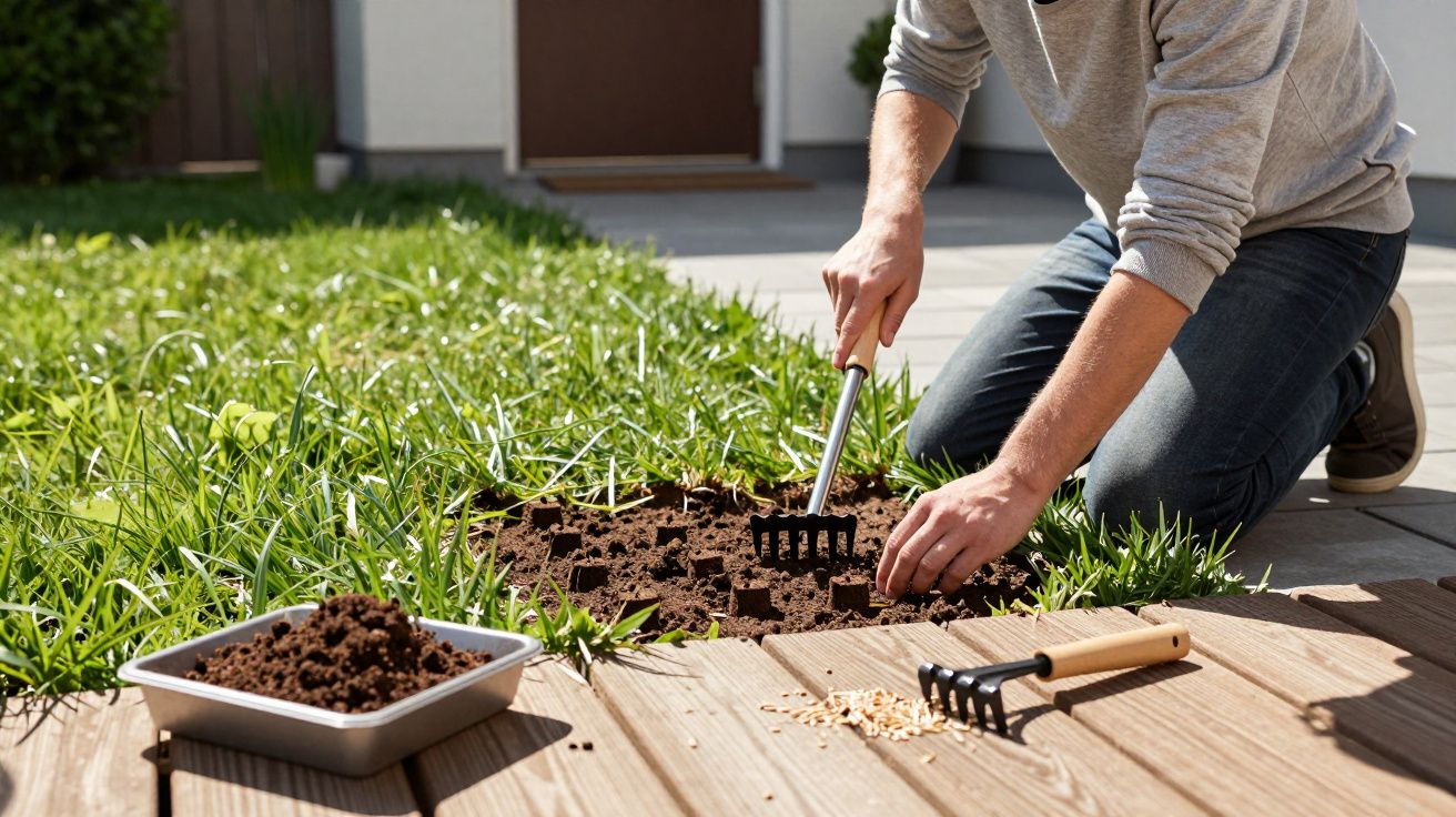 Pessoa ajoelhada no jardim, a usar um ancinho pequeno para semear sementes em terra preparada com relva ao redor.