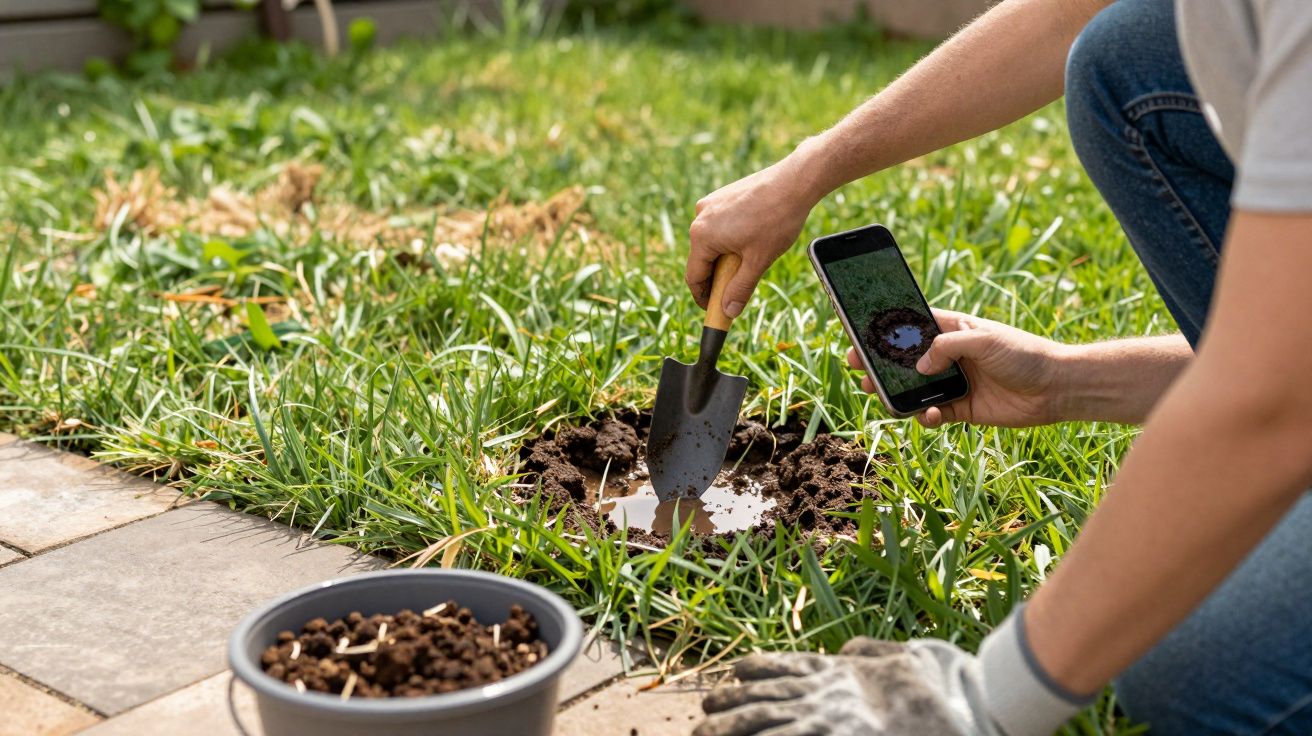 Pessoa de luvas planta algo no jardim usando uma pá e documenta com o telemóvel.