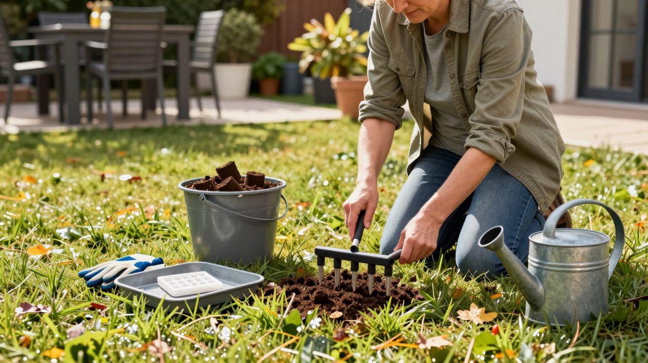 Pessoa a jardinar no quintal, usando um ancinho para preparar o solo. Balde e regador ao lado. Mobiliário ao fundo.