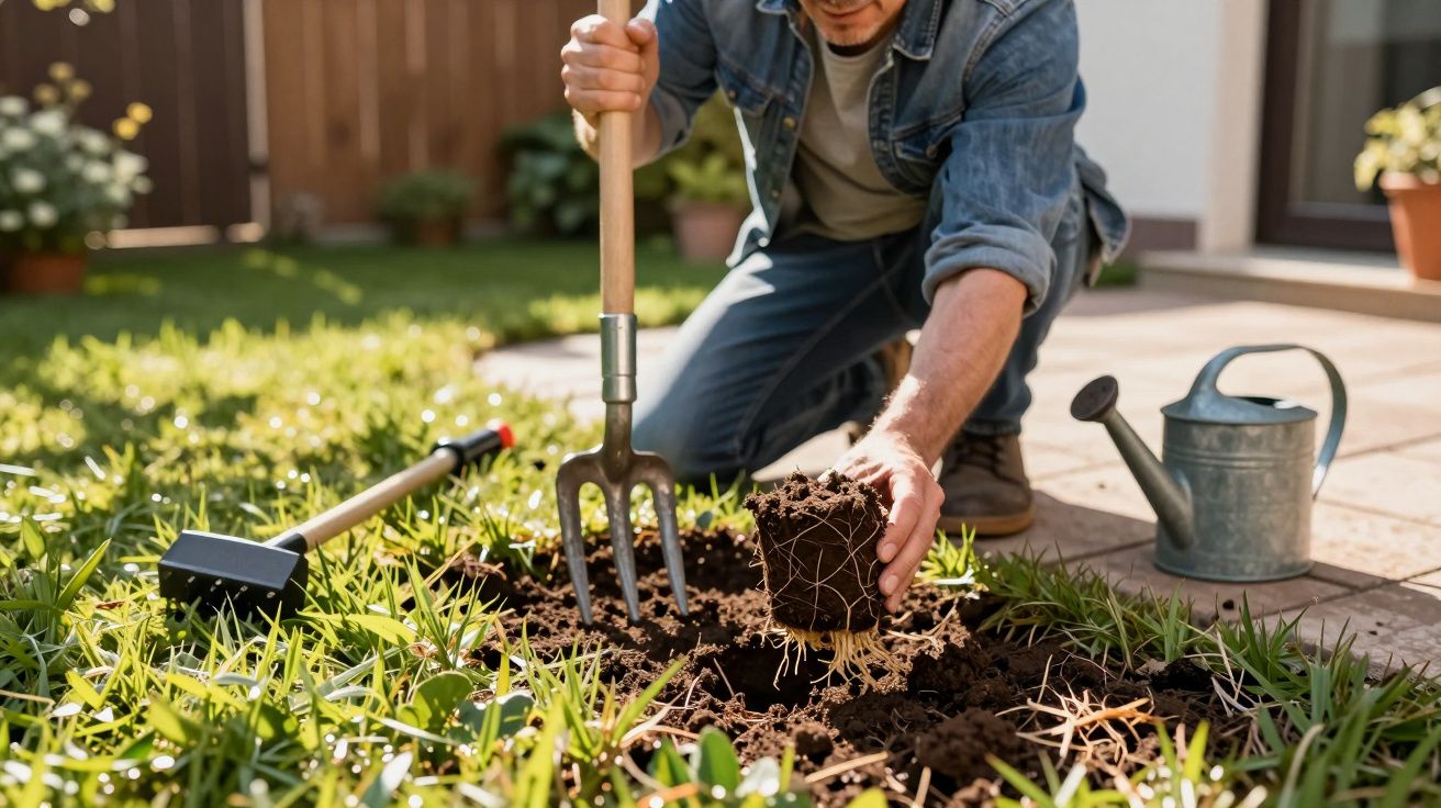 Homem a plantar no jardim, usando um ancinho e segurando uma planta com raízes expostas; regador ao lado.