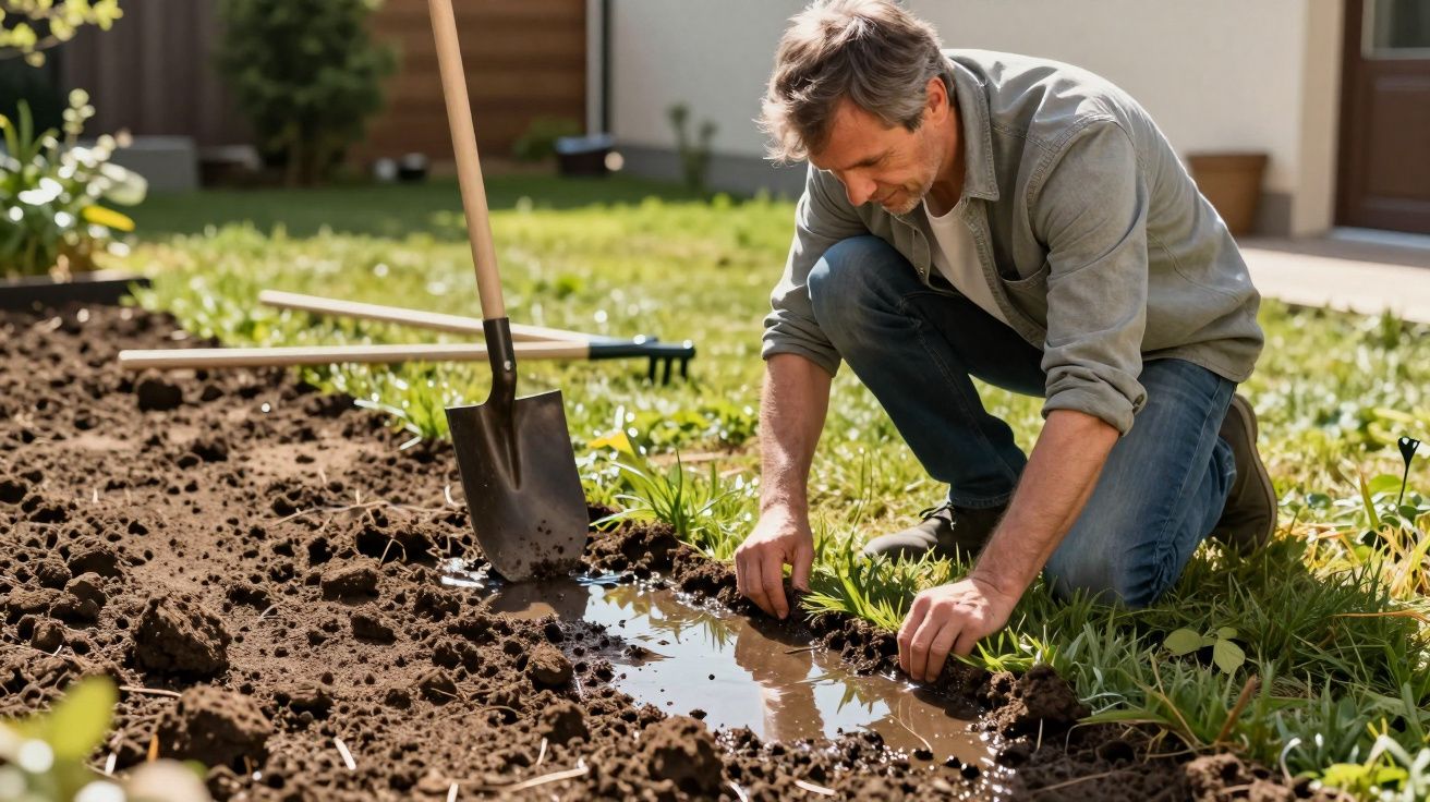 Homem plantando em jardim com pá ao lado e terra molhada.