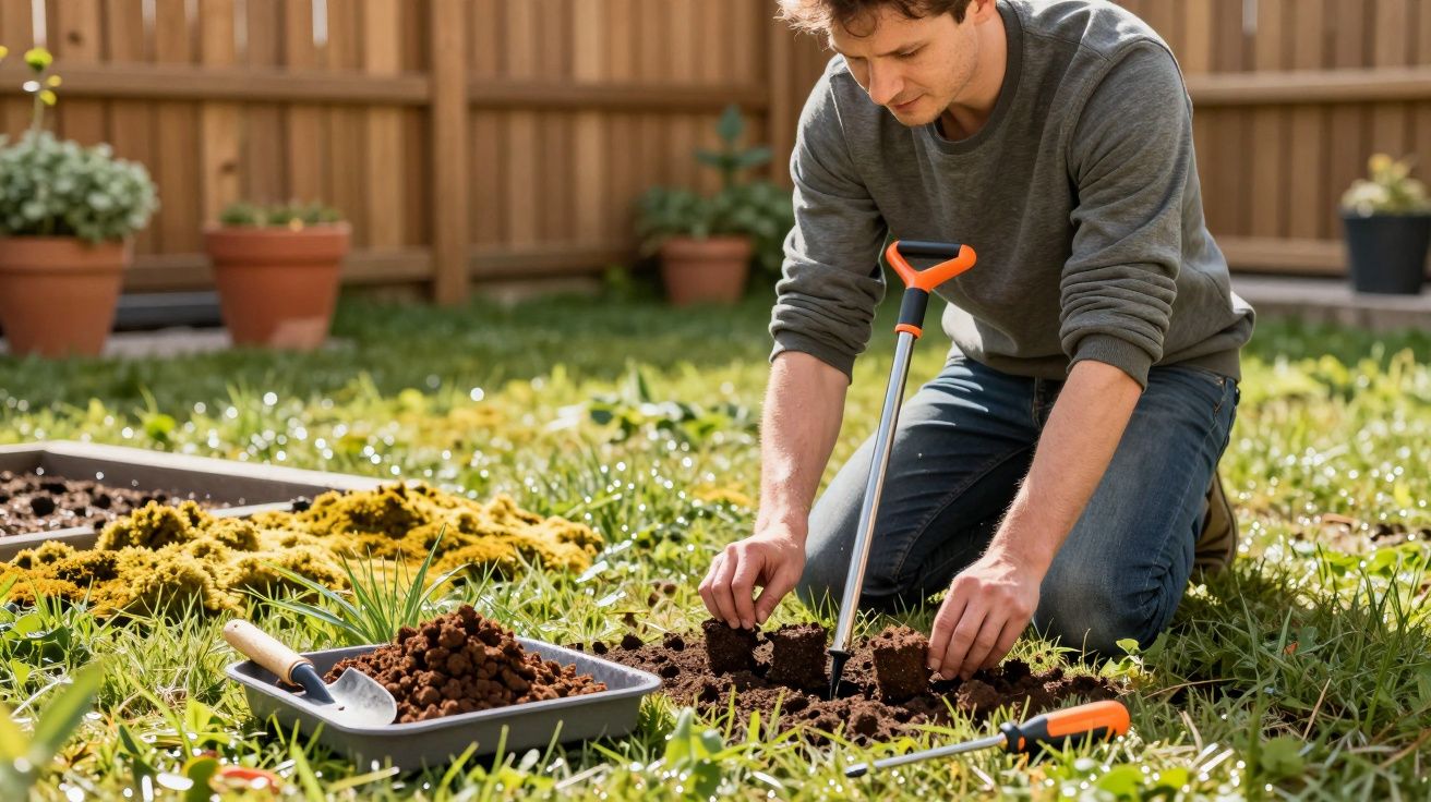 Homem a jardinar no quintal, plantando mudas em terra lavrada com ferramentas de jardinagem ao lado.