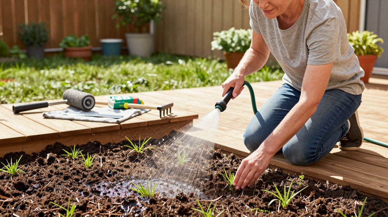 Pessoa a regar plantas num canteiro de jardim com mangueira, rodeada de ferramentas de jardinagem.