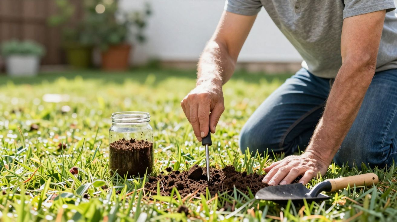 Pessoa ajoelhada no relvado, usando pá para cavar terra ao lado de um frasco de vidro cheio de solo.