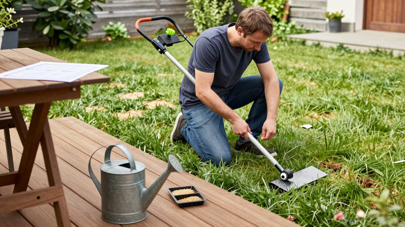 Homem de joelhos no jardim, usando uma ferramenta para remover ervas daninhas, com regador e sementeira ao lado.