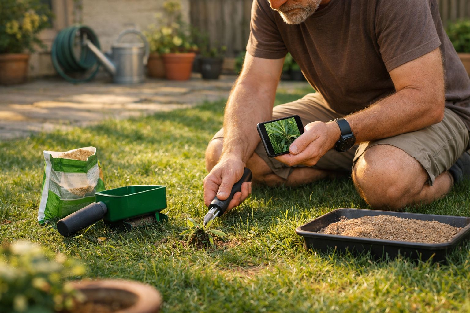 Pessoa a cuidar do jardim, usando ferramentas e um smartphone. Há um saco de terra e plantas ao redor.