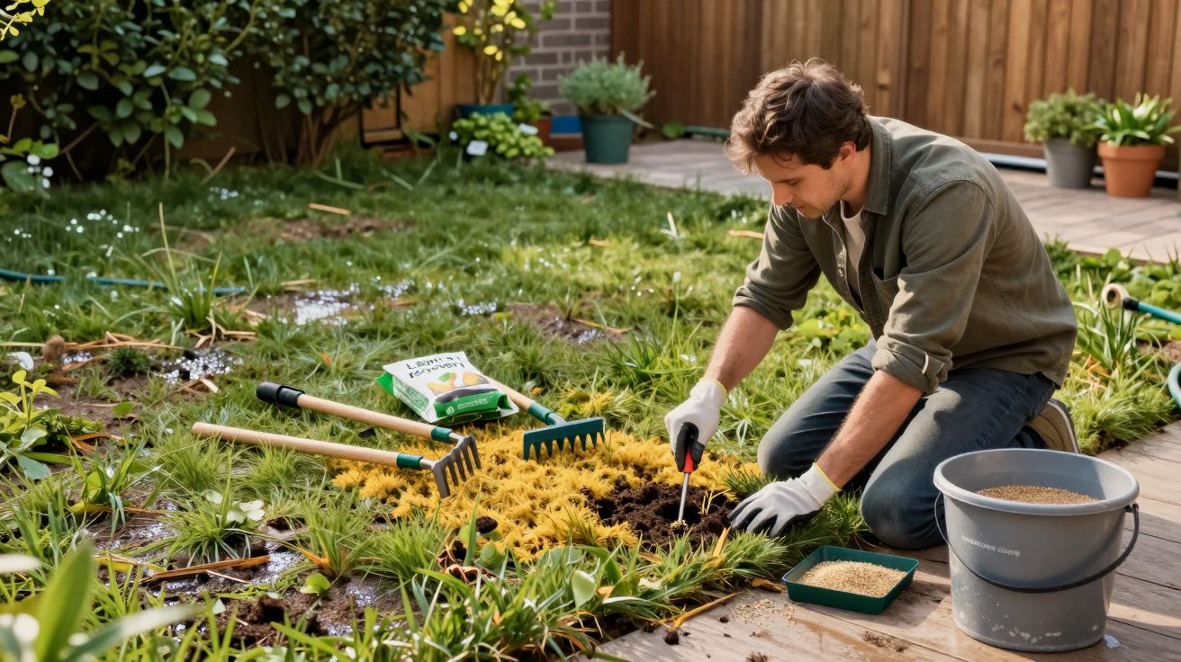 Homem a jardinar no quintal, usando ferramentas para plantar sementes no solo, com balde e pacotes de adubo ao lado.