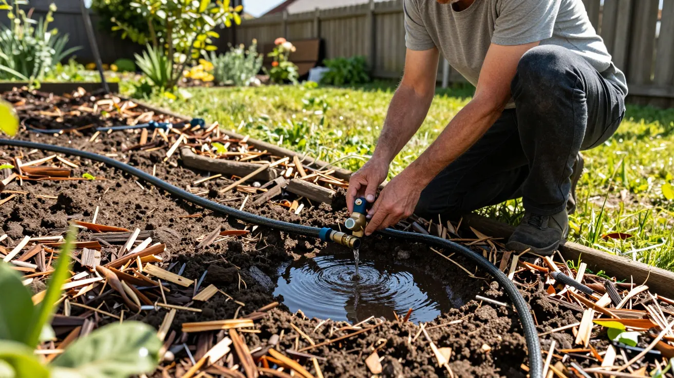 Pessoa ajusta mangueira num jardim, regando solo com água, rodeado por vegetação e estacas de madeira.