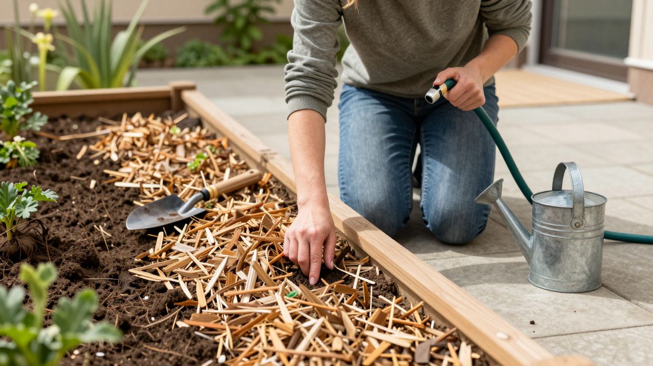 Pessoa a cuidar de um jardim, regando e removendo ervas daninhas, com regador e pá ao lado.