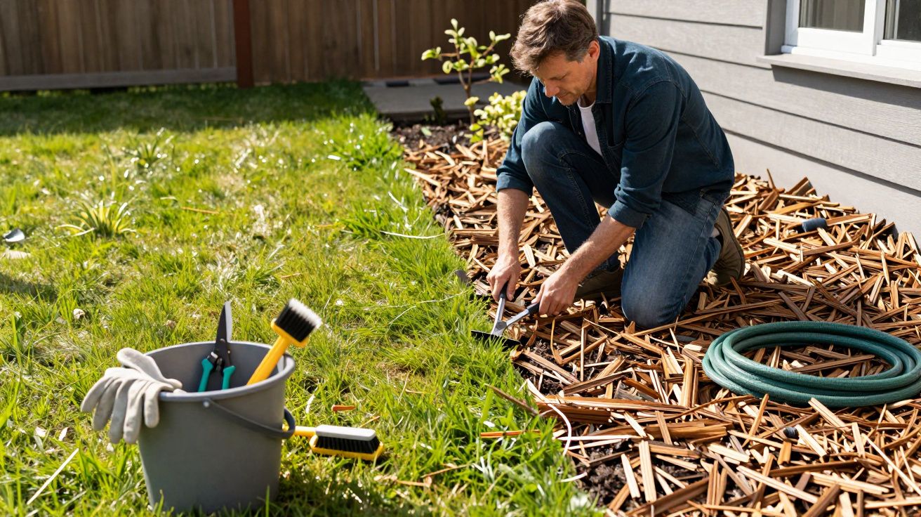 Homem a jardinar ajoelhado, a usar ferramentas num canteiro. Balde com ferramentas e luvas ao lado. Mangueira no chão.