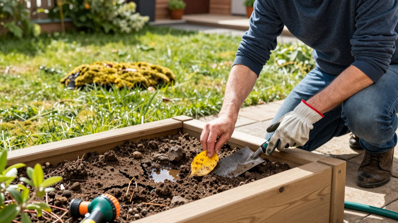Pessoa com luvas de jardinagem plantando numa caixa elevada de madeira em jardim verde e ensolarado.