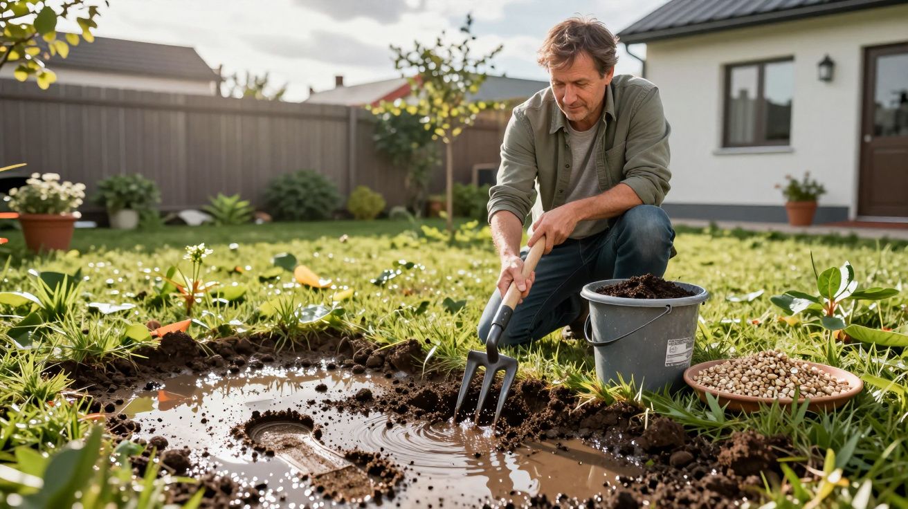 Homem ajoelhado a arranjar um jardim, usando uma forquilha perto de uma poça de lama. Casa ao fundo.