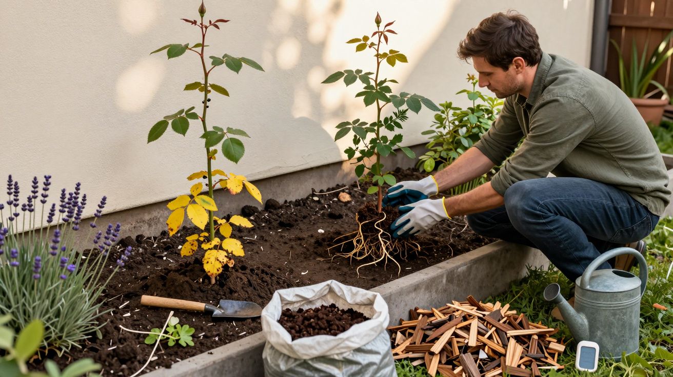 Homem em jardim a plantar roseira, rodeado de ferramentas e materiais de jardinagem.