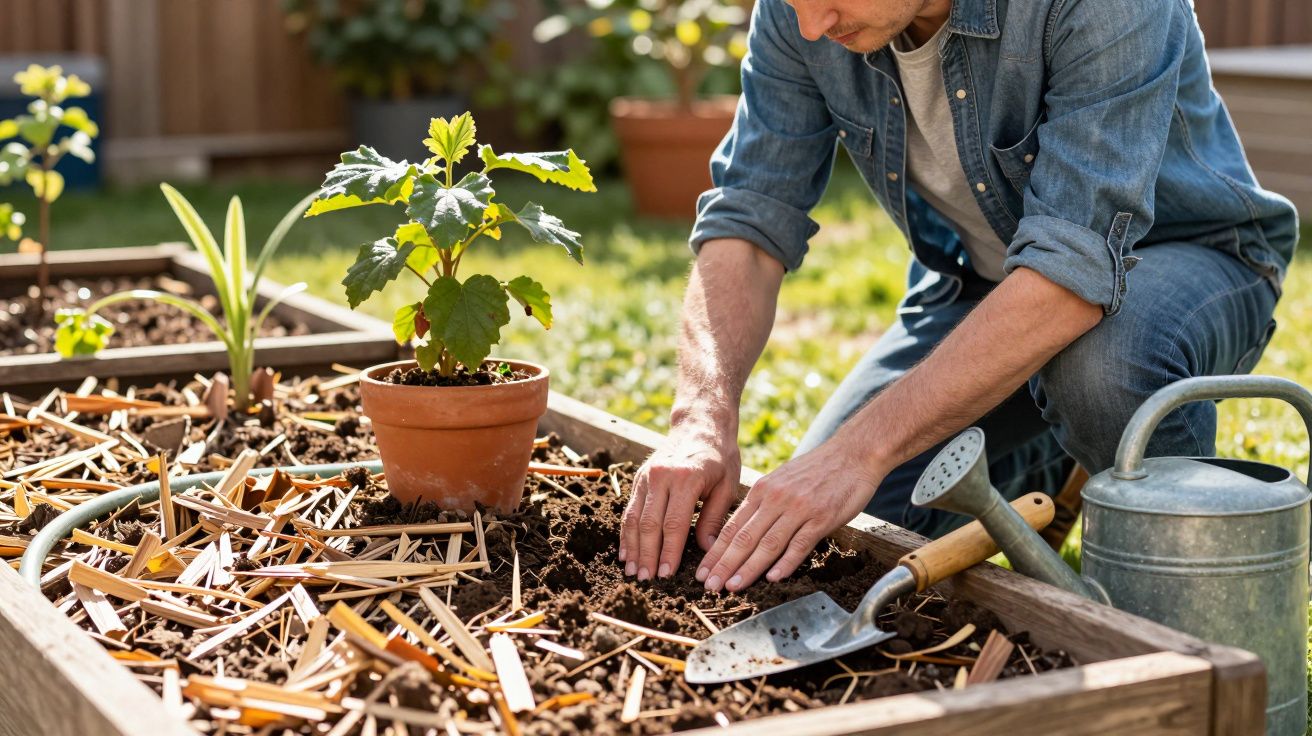 Homem a jardinar em horta, plantando numa cama elevada com terra, junto a regador e vaso com planta.
