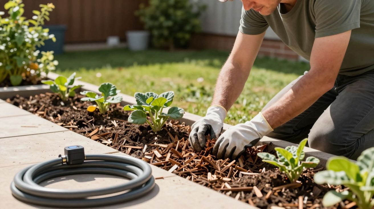 Pessoa a jardinar, cuidando de plantas pequenas num canteiro, com uma mangueira enrolada no chão ao lado.