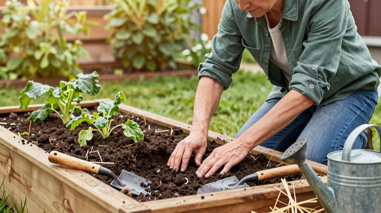 Pessoa a plantar num canteiro elevado, rodeada de ferramentas de jardim e regador, na horta.