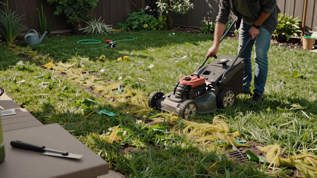 Pessoa a usar um cortador de relva num jardim. Há sebes, plantas e ferramentas dispersas no relvado.