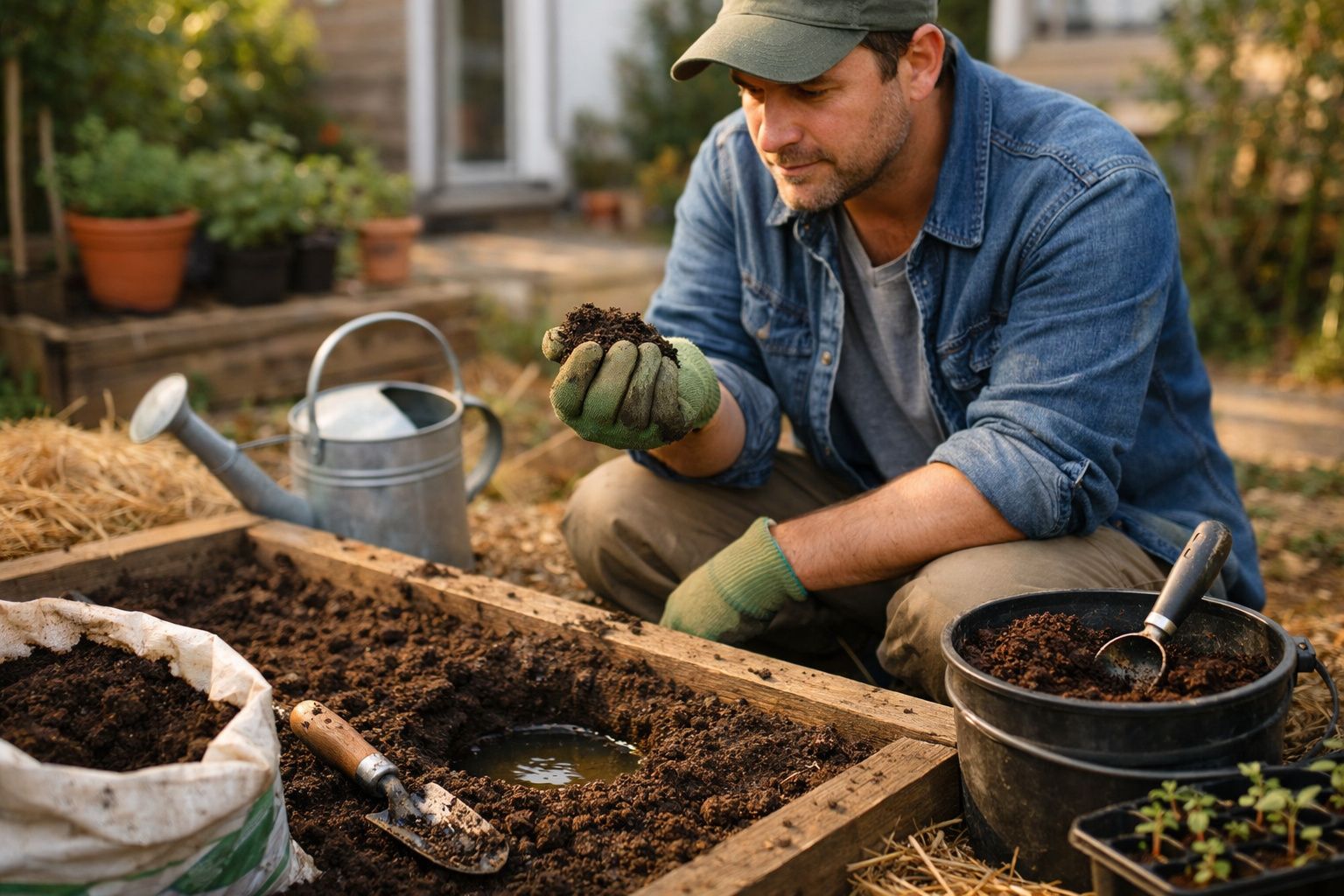Homem a jardinar, agachado com luvas verdes, segura terra em caixa de madeira, rodeado por regador e balde.