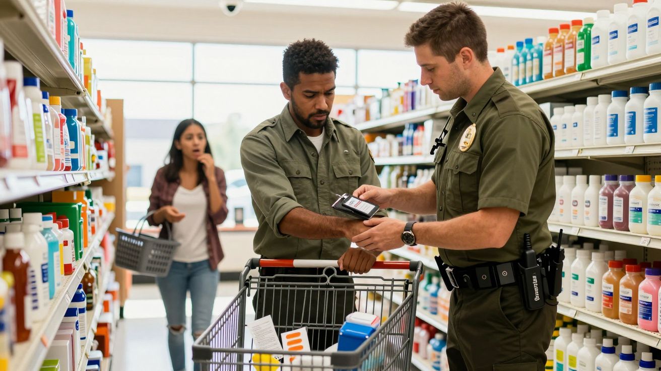 Polícia verifica as compras de um homem num corredor de supermercado enquanto mulher observa preocupada ao fundo.
