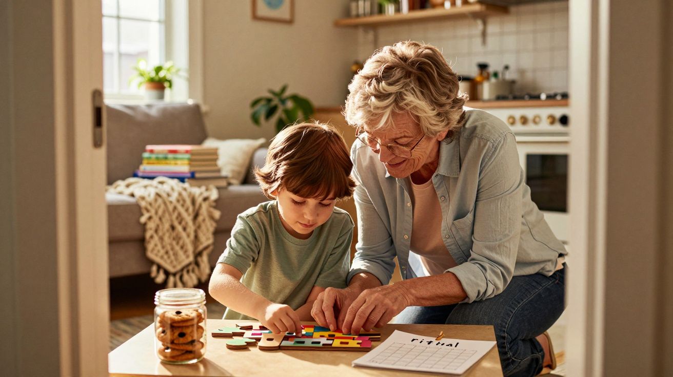 Criança e idosa montam um puzzle colorido numa sala acolhedora com biscoitos em frasco e livros empilhados.