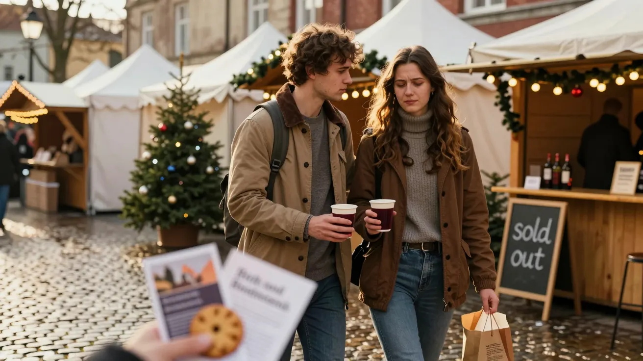 Casal a passear num mercado de Natal, segurando bebidas quentes, com tendas decoradas ao fundo.