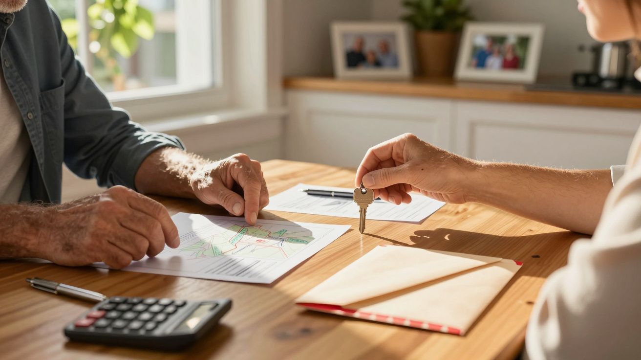 Duas pessoas discutem documentos e uma chave sobre uma mesa de madeira, com um sol suave entrando pela janela.