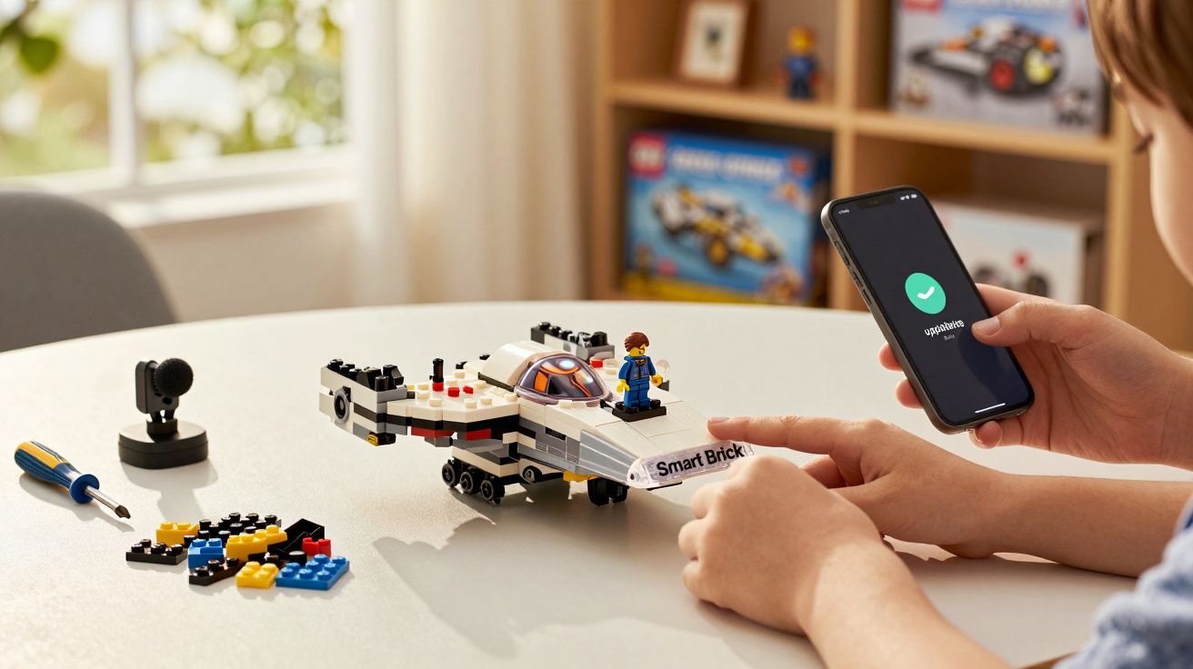 Criança controla um brinquedo montado com peças de construção usando um smartphone numa mesa, com um robô e peças ao lado.