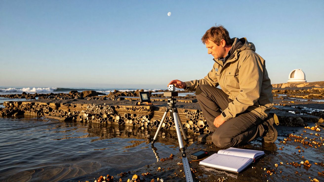Homem ajoelhado na praia, ajustando câmara em tripé, com caderno e telescópio ao fundo, sob céu claro.