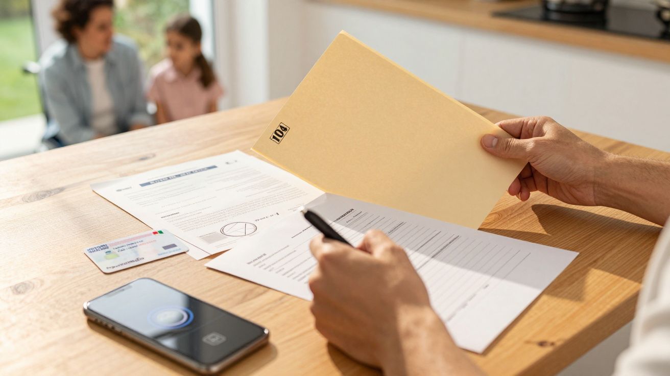 Homem segurando envelope e caneta, com documentos, cartão de cidadão e telemóvel sobre a mesa; família desfocada ao fundo.