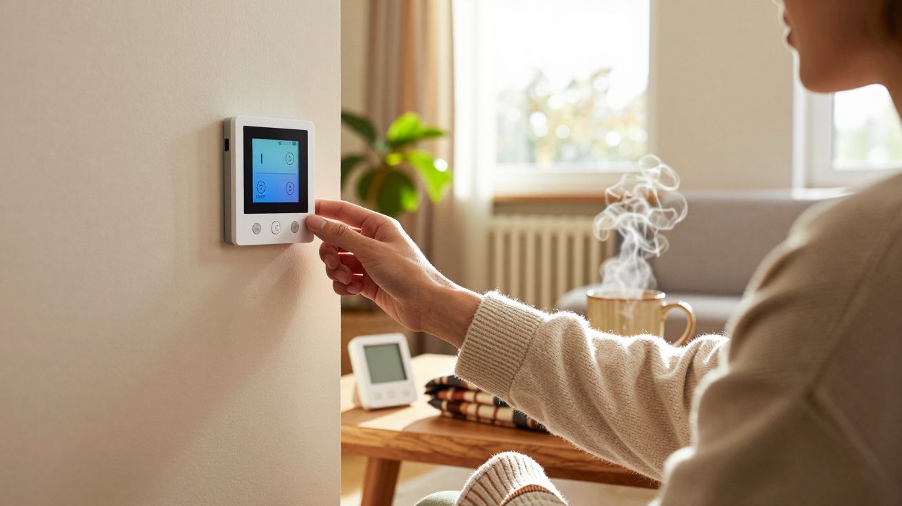 Pessoa ajusta temperatura num termostato moderno, com sala ao fundo e chávena de chá em cima da mesa.