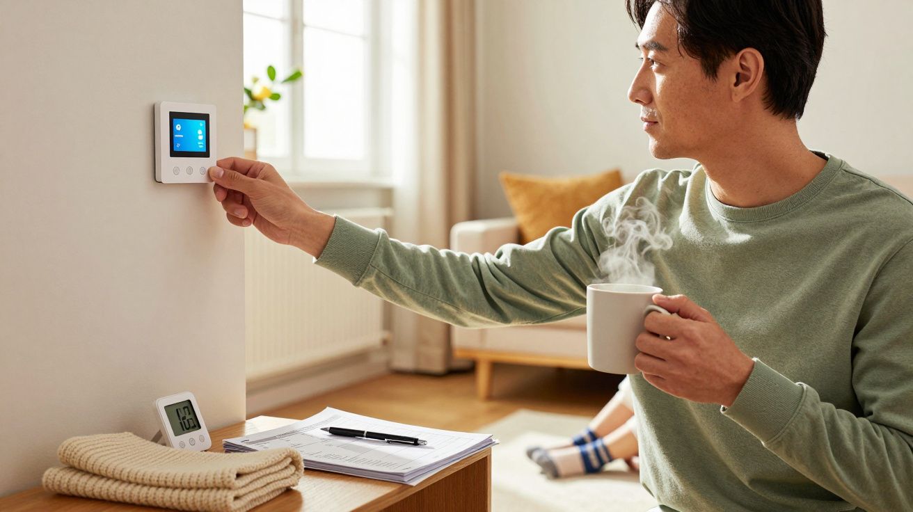 Homem ajusta termostato digital enquanto segura uma bebida quente, sentado numa sala de estar confortável.