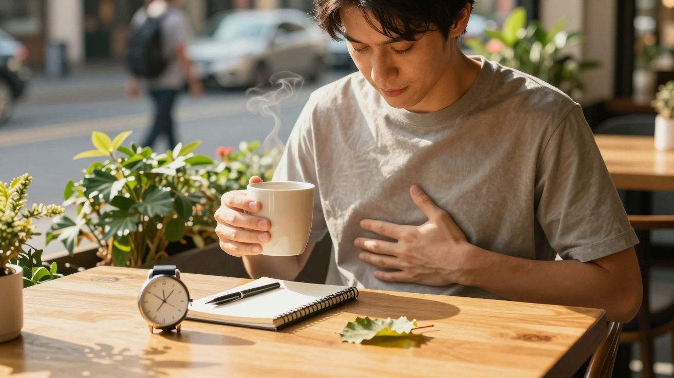 Homem segurando chá quente com expressão de desconforto, sentado em café com relógio e bloco de notas na mesa.