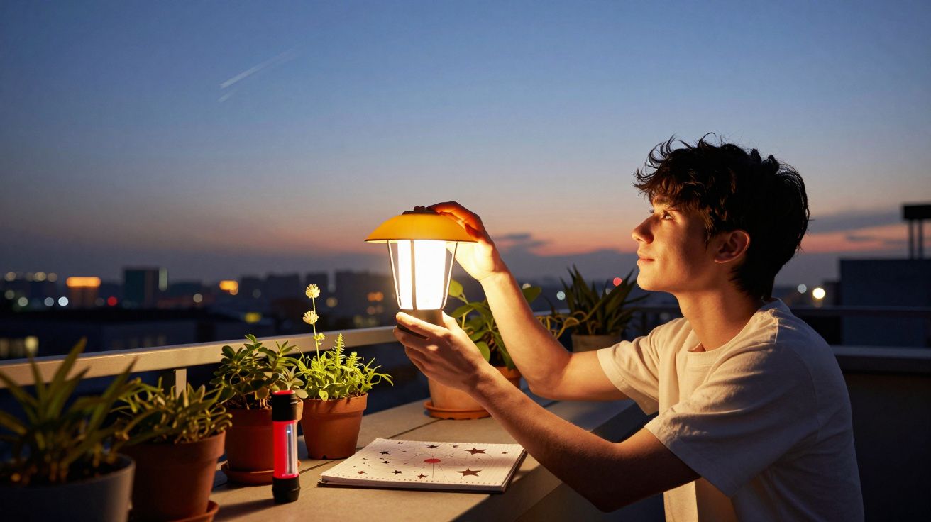 Jovem segurando uma lanterna no terraço ao anoitecer, rodeado por plantas e caderno.
