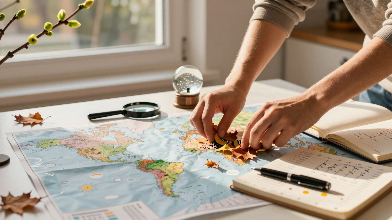 Pessoa marcando mapa com folhas de outono em mesa, junto a caderno, caneta, lupa e bola de vidro decorativa.