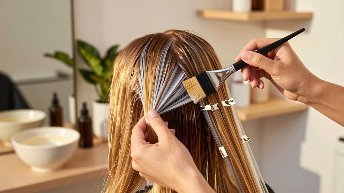 Cabeleireiro aplicando tinta loira no cabelo de uma pessoa com um pincel em salão iluminado.