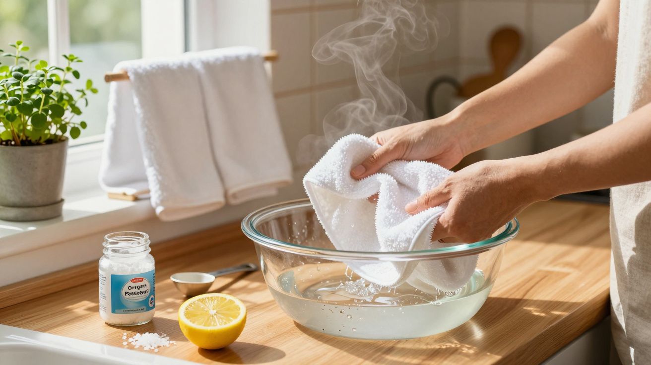 Mãos limpando com toalha branca sobre bacia de vidro com água quente na cozinha iluminada pelo sol.