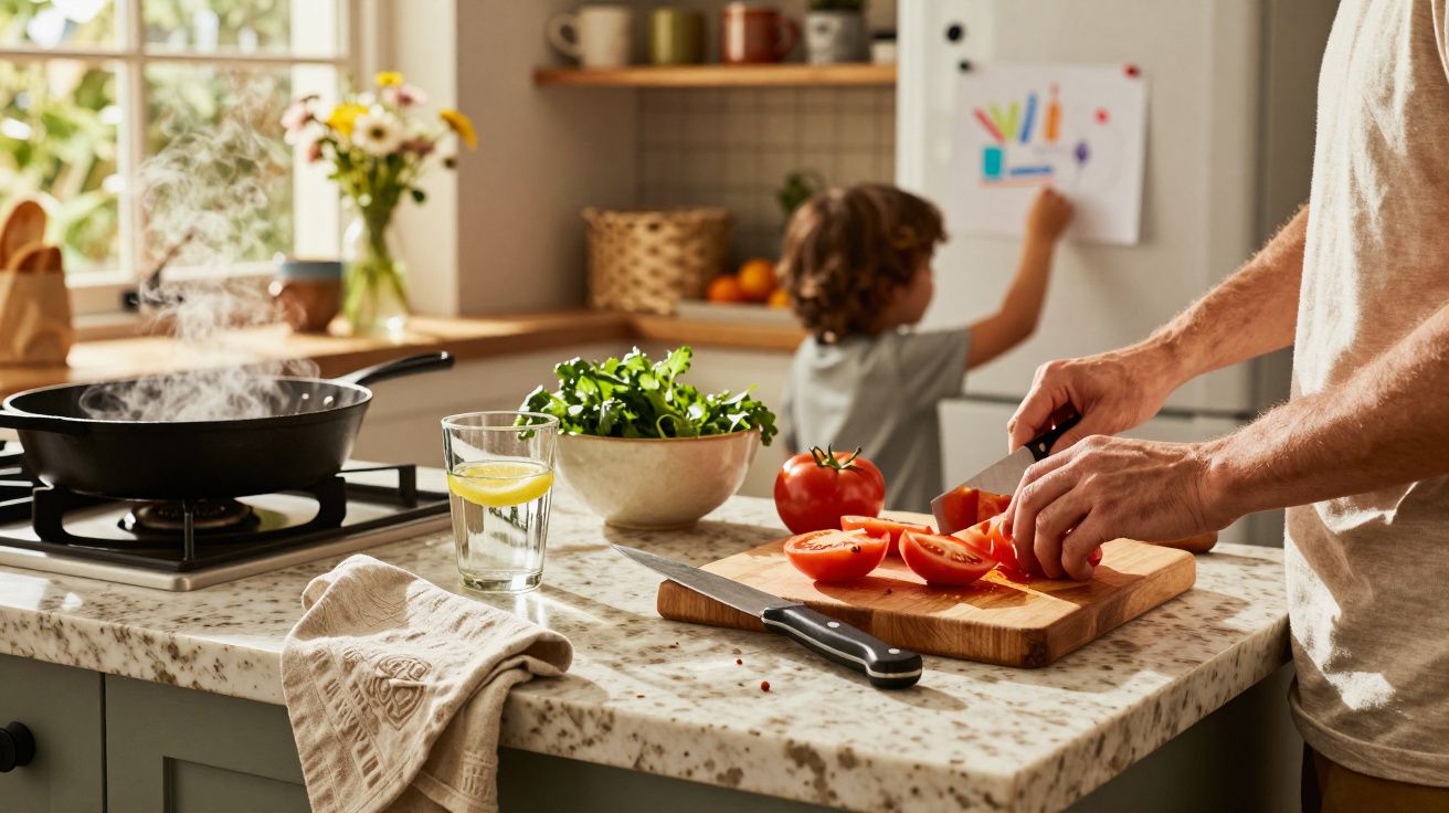 Homem corta tomates numa cozinha enquanto criança desenha no frigorífico.