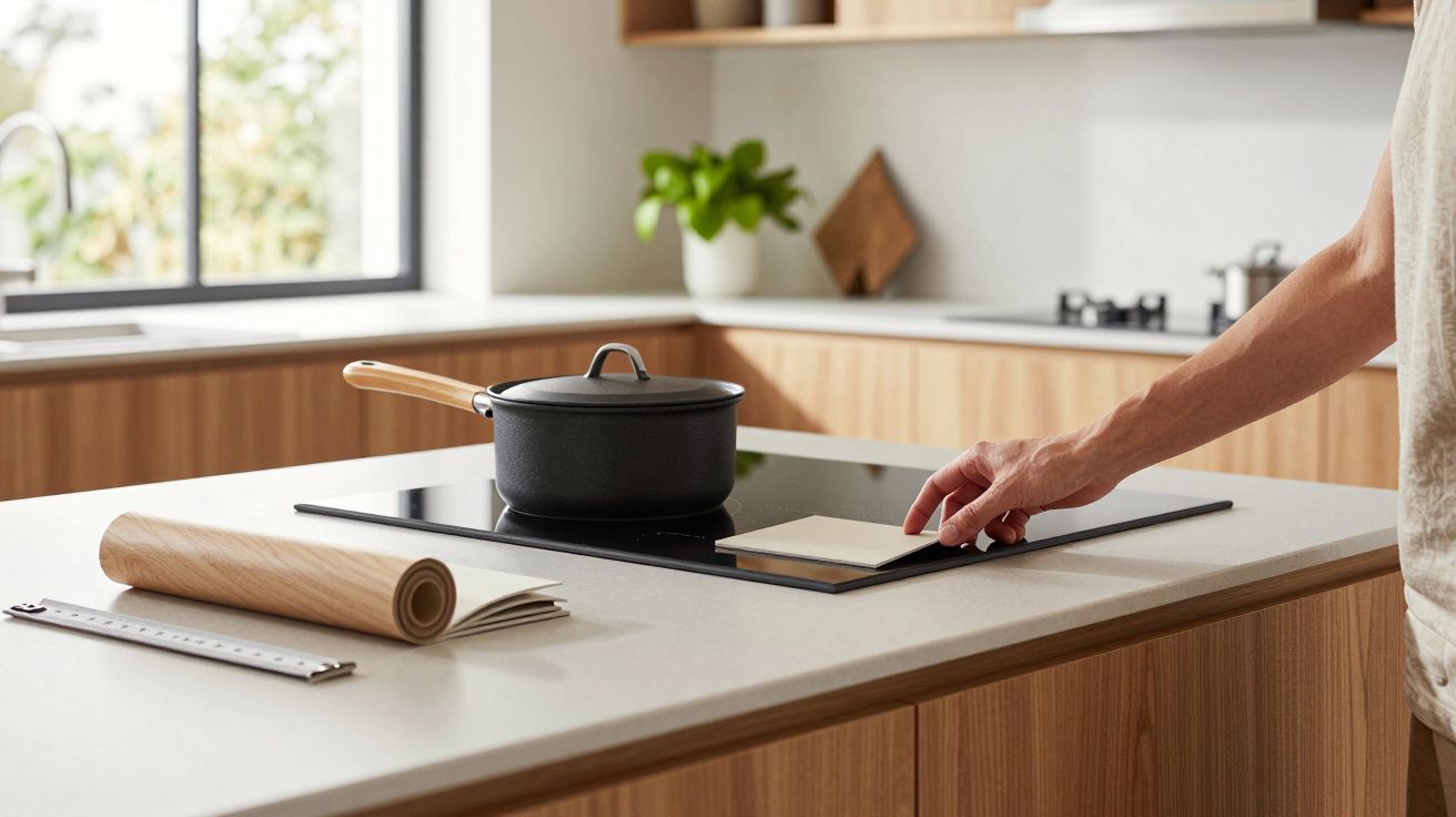 Pessoa ajusta fogão elétrico numa cozinha moderna com panela preta.
