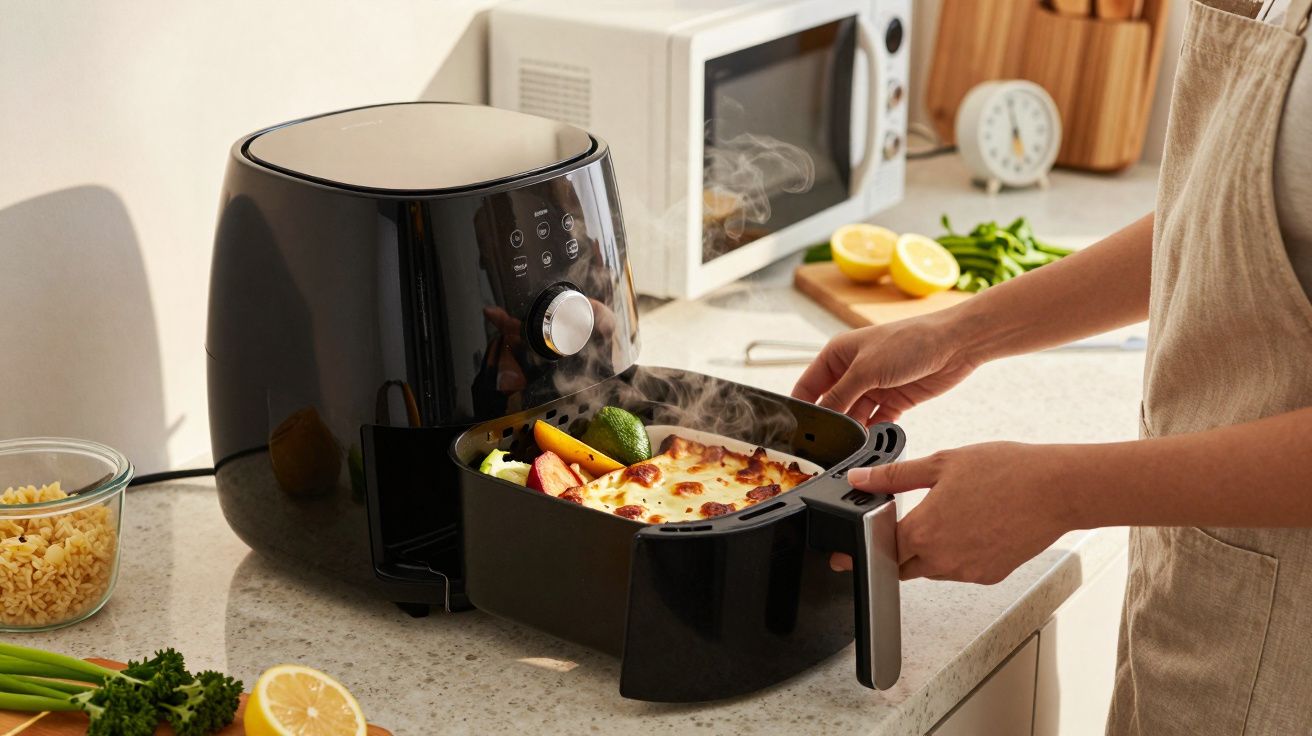 Pessoa retirando comida cozinhada de uma fritadeira a ar preta, sobre um balcão de cozinha.