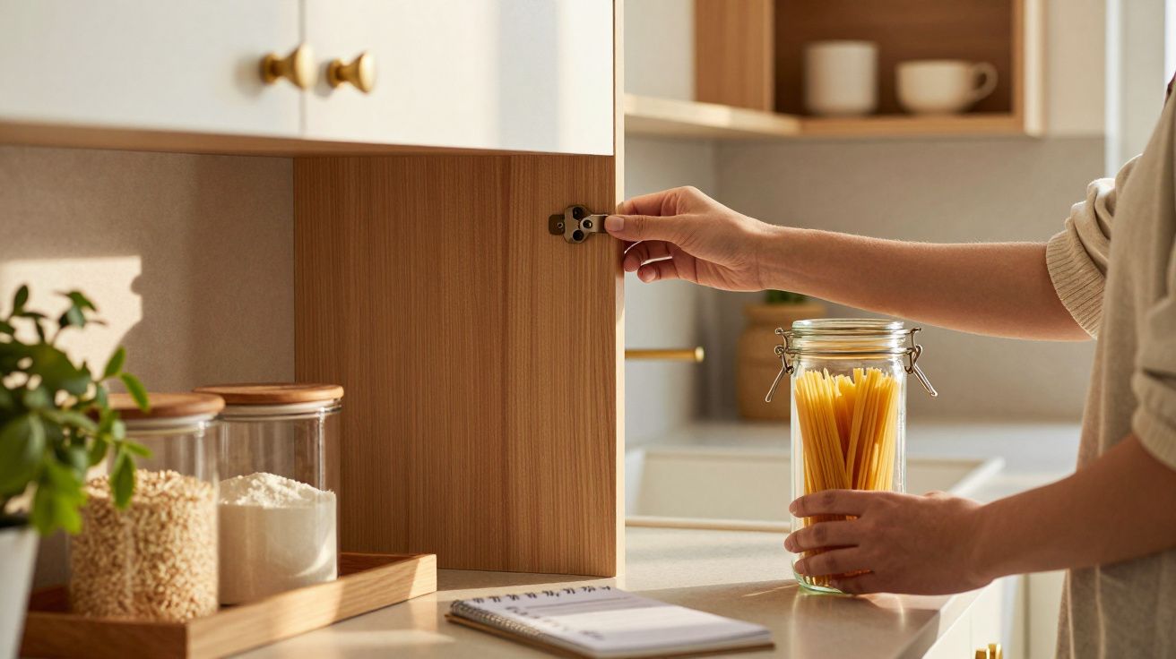 Pessoa a abrir armário de madeira na cozinha, segurando frasco de massa. Potes de ingredientes e caderno em cima da bancada.