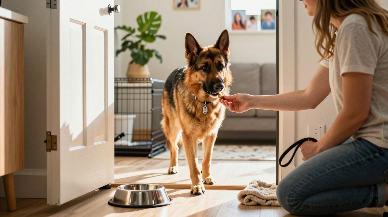 Mulher a dar um petisco a um cão pastor alemão perto de uma tigela de água numa sala iluminada.