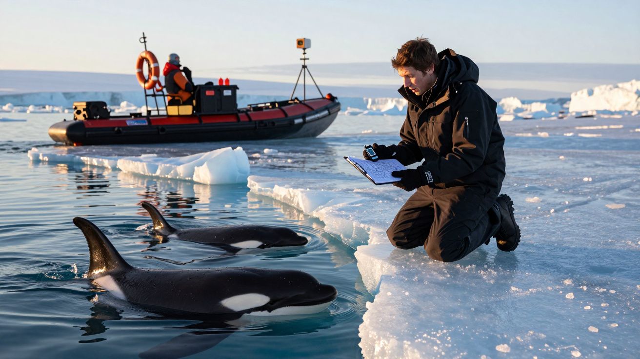 Investigador observa orcas no gelo, perto de um barco inflável, sob céu limpo.