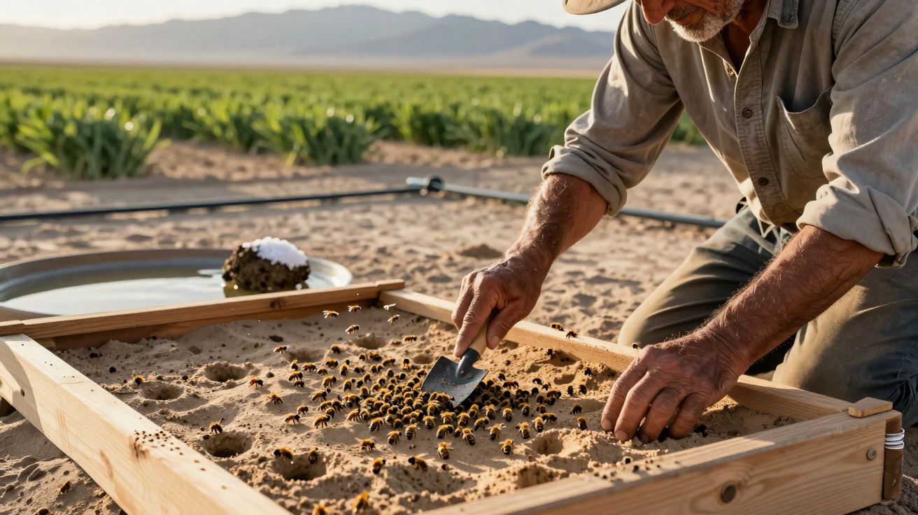 Homem cuidando de abelhas num tabuleiro de madeira, deserto ao fundo.