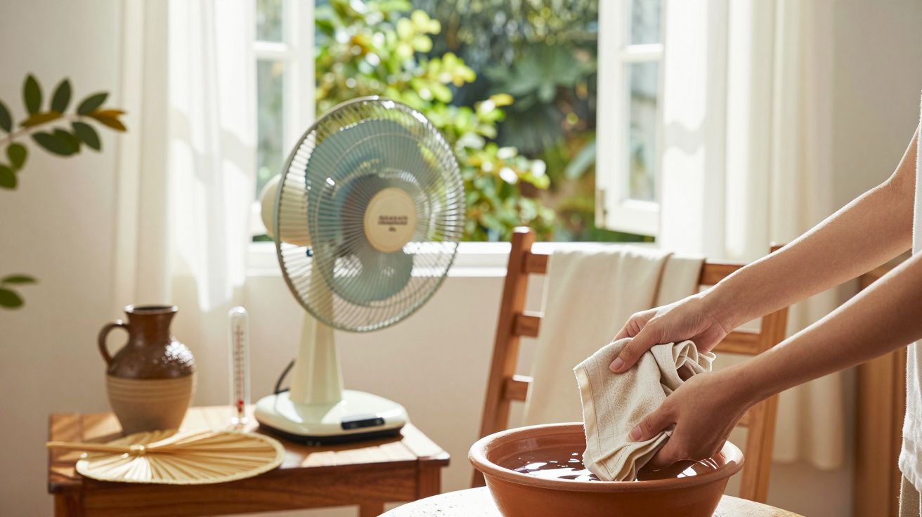 Pessoa lavando tecido em bacia ao lado de ventoinha sobre mesa de madeira com jarro, dentro de quarto iluminado por janela ab
