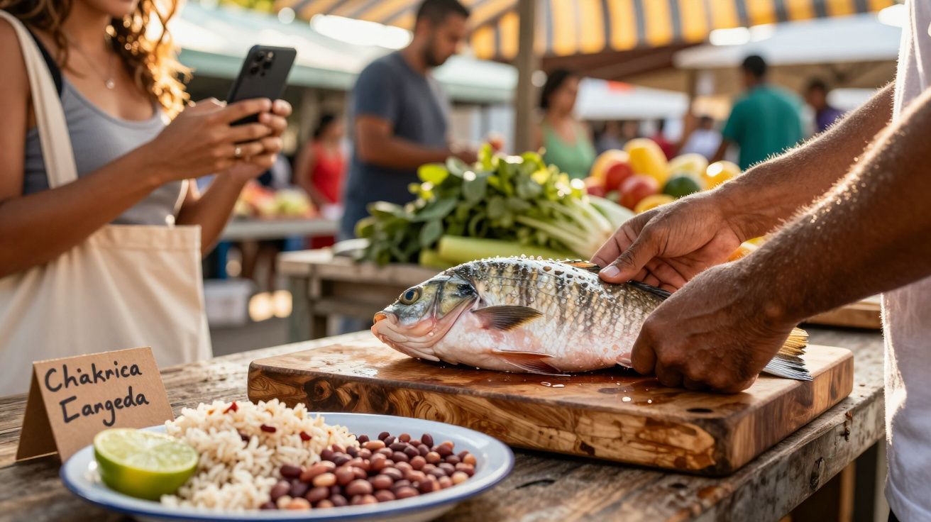 Pessoa prepara peixe fresco num mercado ao ar livre; prato de arroz e feijão ao lado.