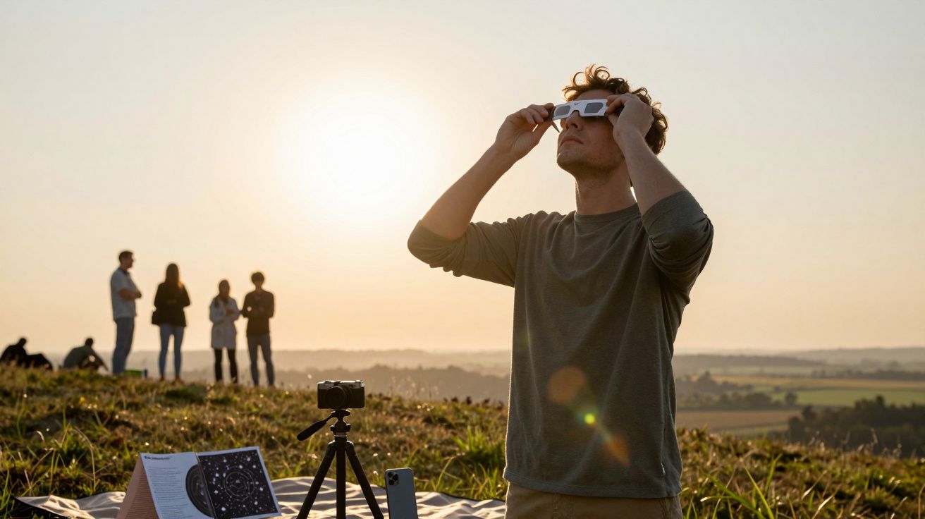 Homem observa o céu com óculos de proteção durante o pôr do sol, com um tripé e um grupo de pessoas ao fundo.
