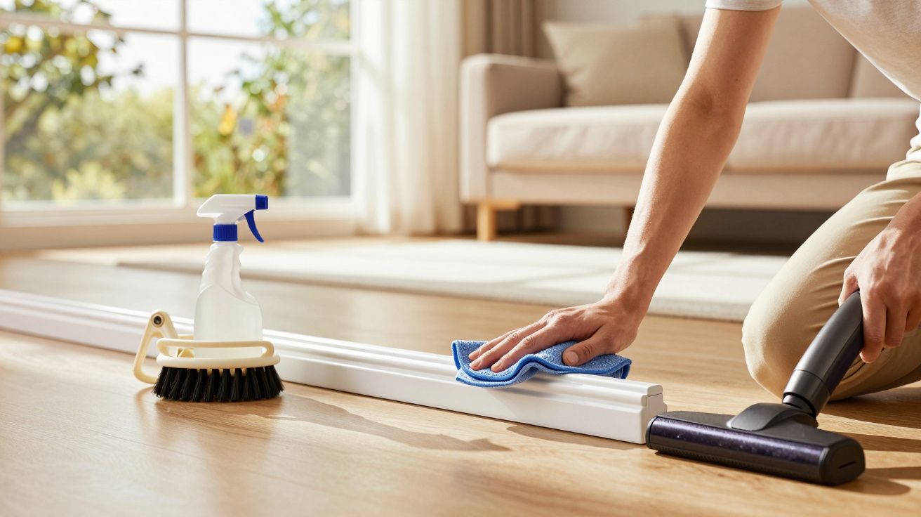 Pessoa a limpar uma calha de janela no chão com pano azul, aspirador, spray e escova por perto.