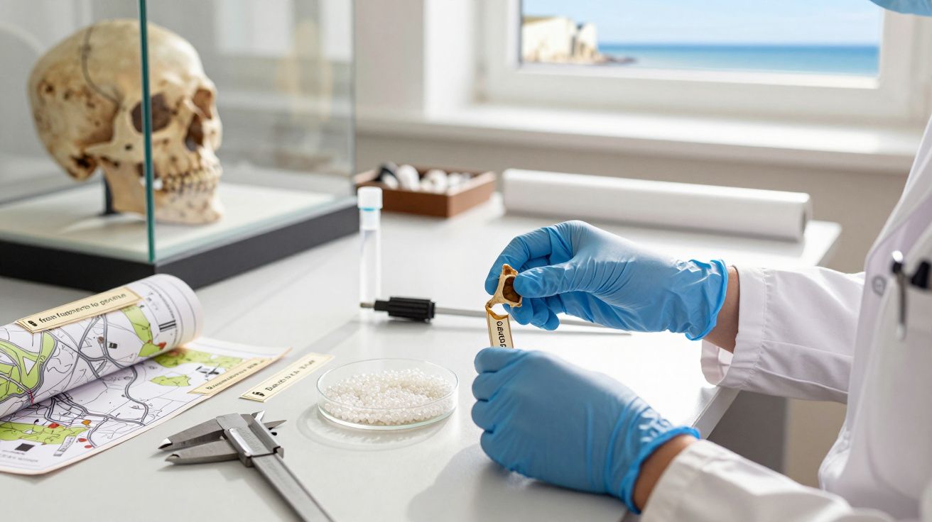 Cientista com luvas azuis examina objeto na sua mão, numa mesa com mapa, crânio e ferramentas de medição.