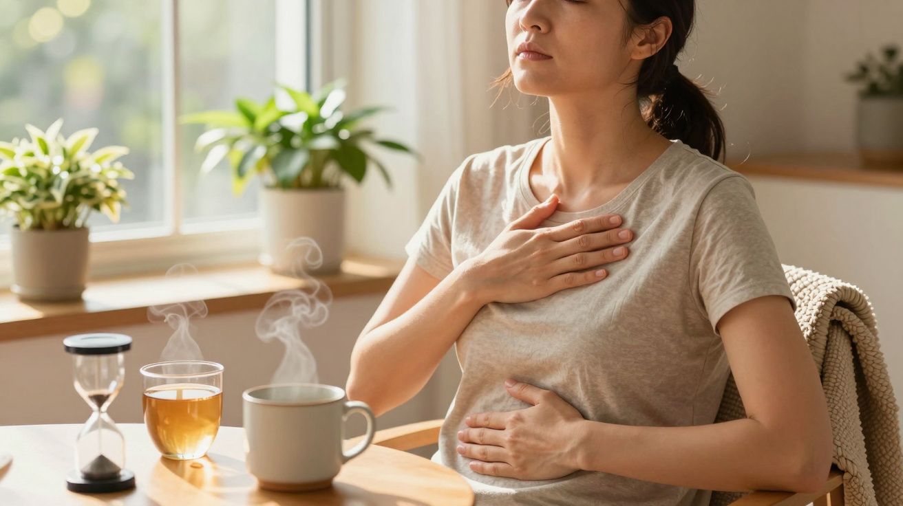 Mulher sentada, mãos no peito e barriga, com chá e ampulheta na mesa, plantas ao fundo.