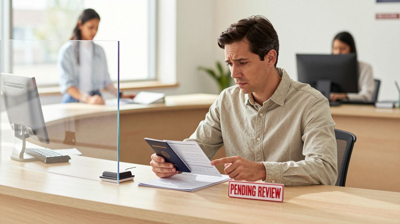Homem num balcão segurando passaporte com placa "PENDING REVIEW", mulheres ao fundo em computadores.